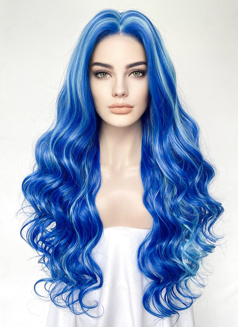 Blue With Green Highlights Wavy Lace Front Synthetic Hair Wig WigIsFashion Wig Is Fashion