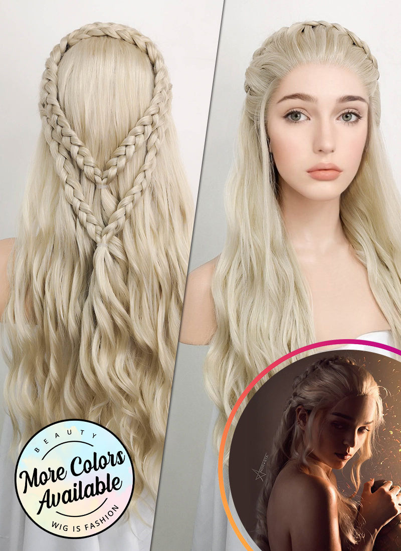 Game of Thrones Daenerys Targaryen Wavy Light Ash Blonde Braided Lace Front Synthetic Wig LF2021