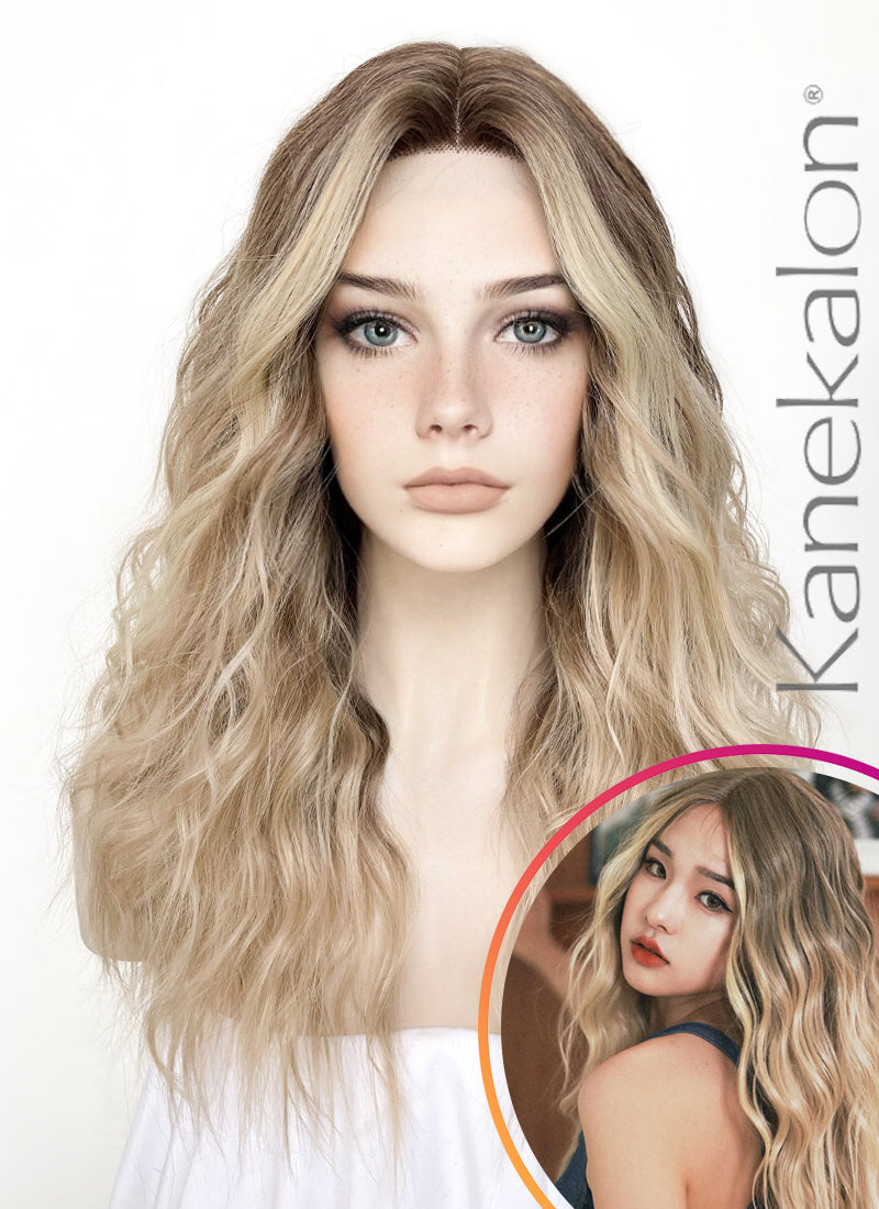 Balayage Blonde Highlights Money Piece Wavy Lace Front Kanekalon Synthetic  Wig LF3233