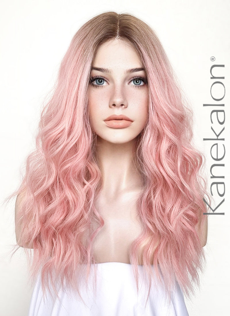 Pastel Pink With Brown Roots Wavy Lace Front Kanekalon Synthetic Wig LF3250