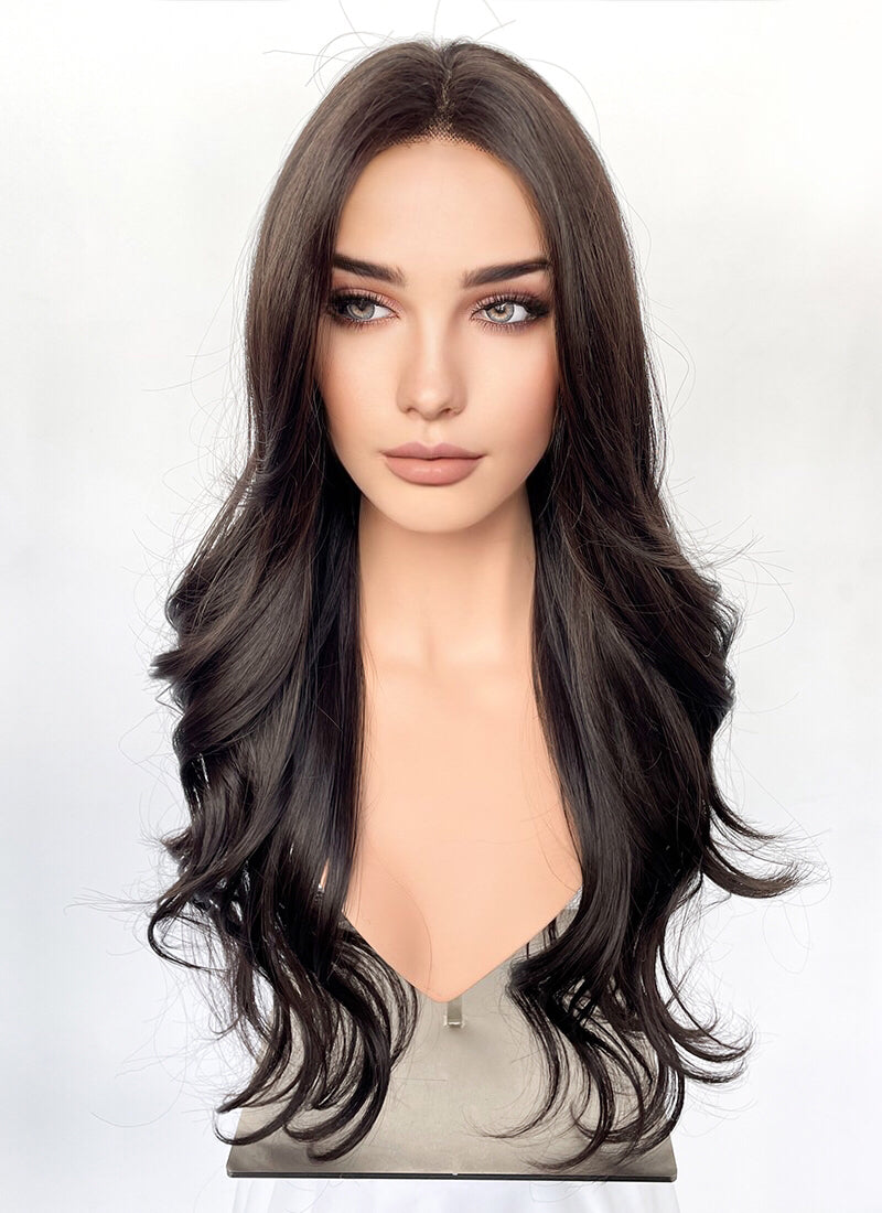 Brunette Curtain Bangs Wavy Lace Front Synthetic Wig