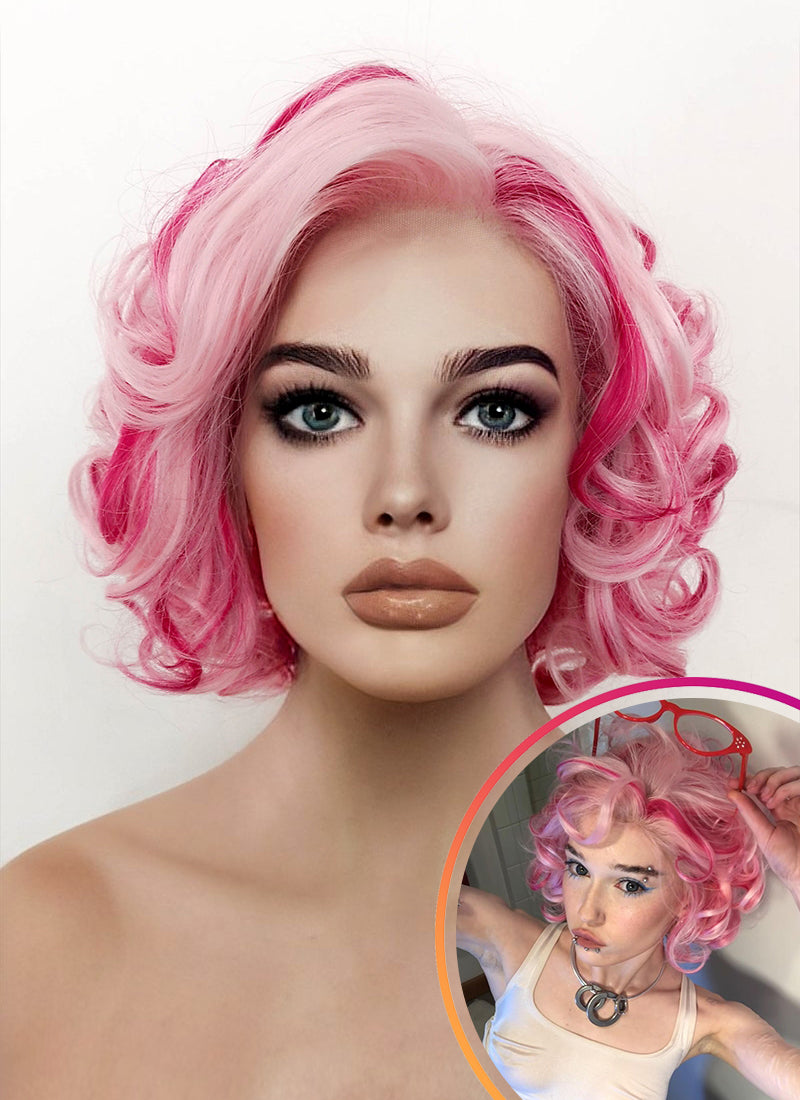 Pink Mixed Red Curly Lace Front Synthetic Wig LF5131