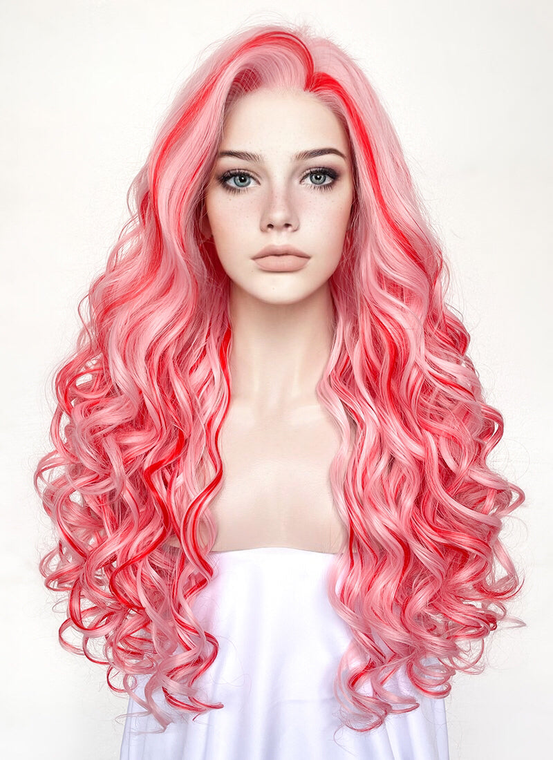 Pink Mixed Red Spiral Curly Lace Front Synthetic Wig LF5167