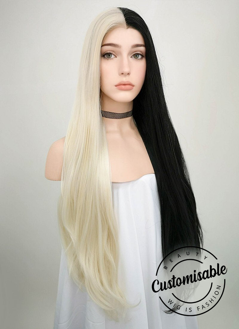 Straight Light Blonde Black Split Gemini Color Lace Wig CLW1531 Customisable