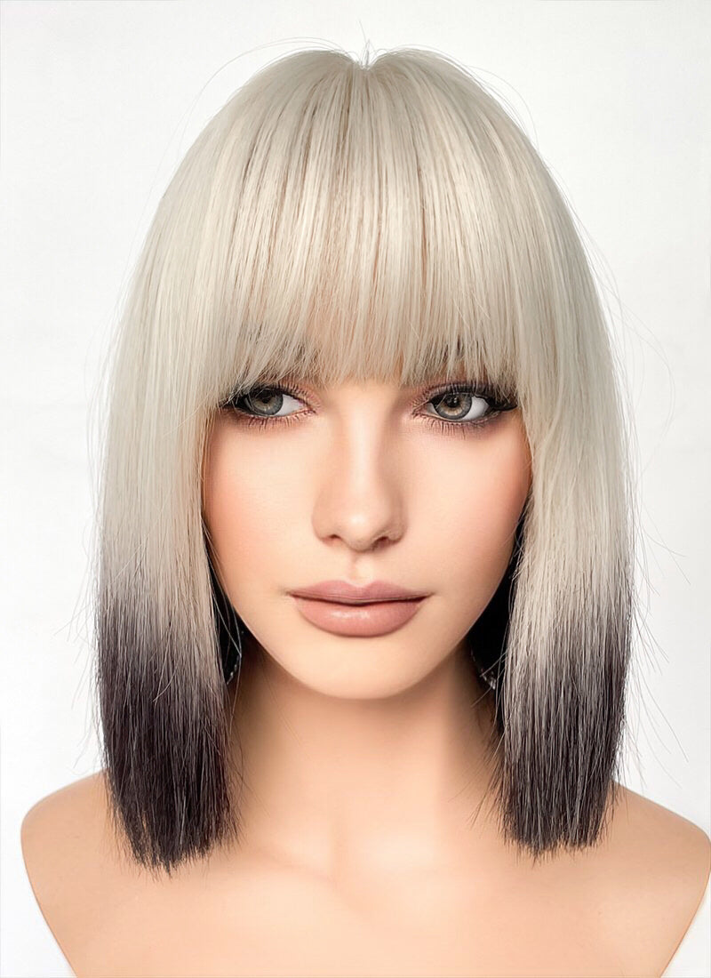 Light Ash Blonde Black Ombre Straight Bob Synthetic Hair Wig