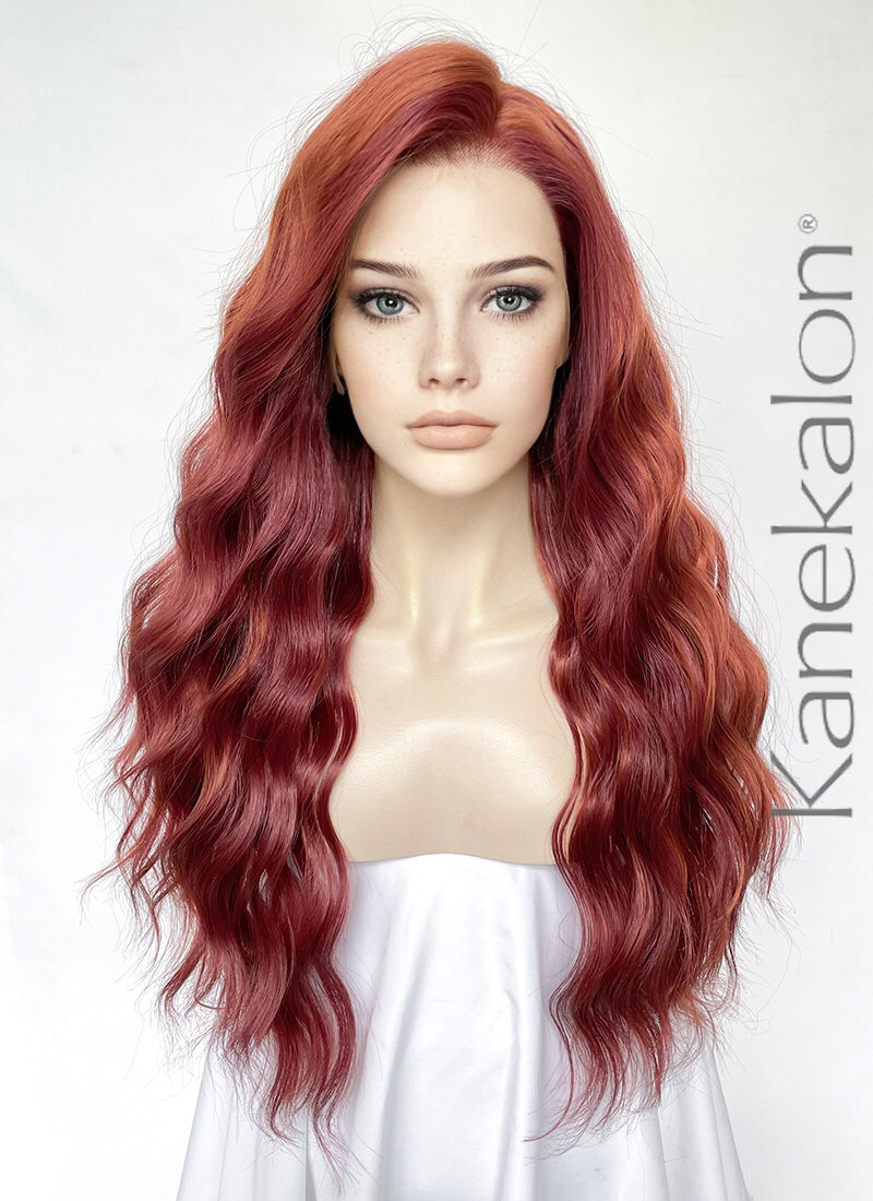 Ginger Mixed Burgundy Red Wavy Lace Front Kanekalon Synthetic Hair Wig  LF3334