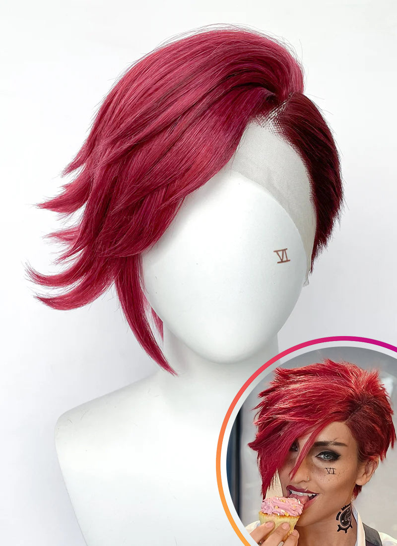 League of Legends LOL Arcane Vi Two Tone Red Straight Lace Front Synthetic Wig LN6041