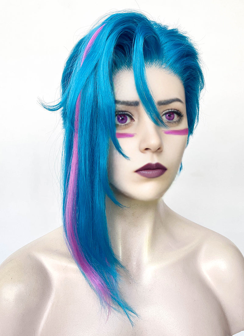 League of Legends LOL Arcane Jinx Turquoise Blue Mixed Pink Straight Lace Front Synthetic Wig LF6097