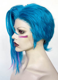 League of Legends LOL Arcane Jinx Turquoise Blue Mixed Pink Straight Lace Front Synthetic Wig LF6097