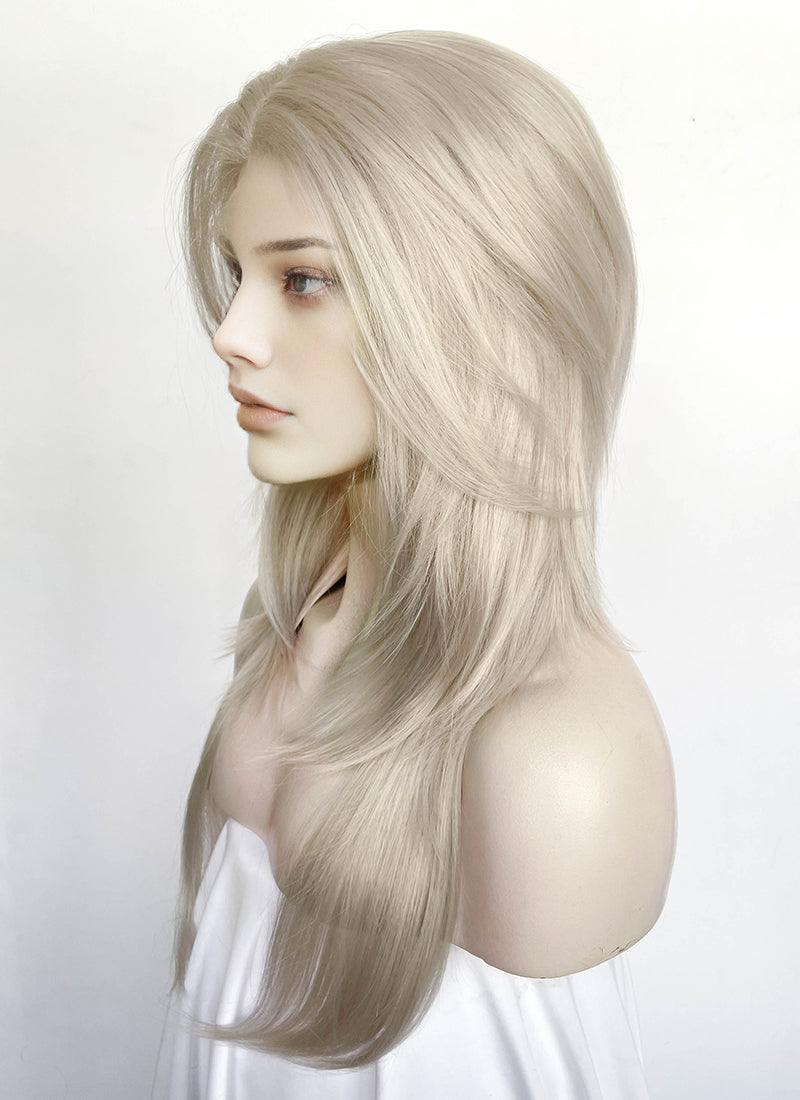 Pastel Blondish Grey Curtain Bangs Straight Lace Front Synthetic Wig LF8028