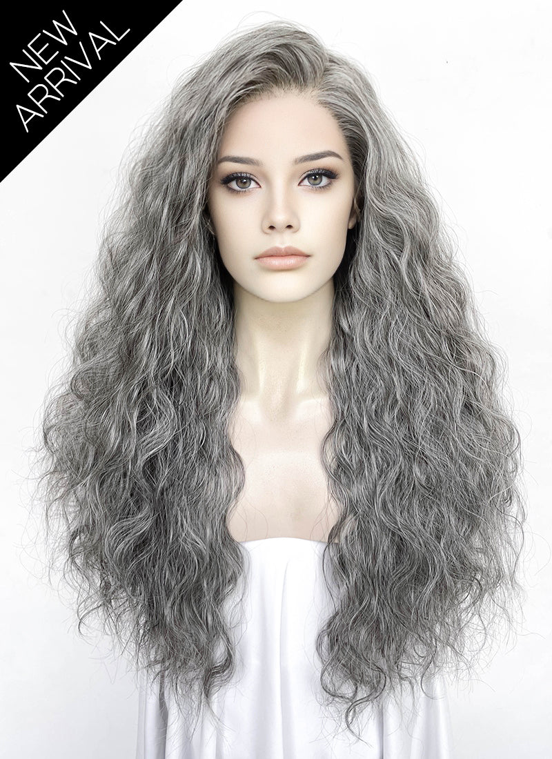 Mixed Dark Grey Curly Lace Front Synthetic Wig LFK5571