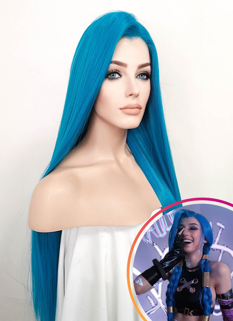 League of Legends LOL Arcane Jinx Turquoise Blue Straight Lace Front Synthetic Wig LN6020