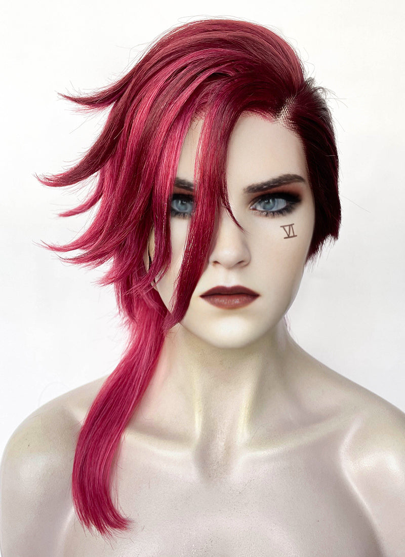 League of Legends LOL Arcane Vi Two Tone Red Straight Lace Front Synthetic Wig LN6041A