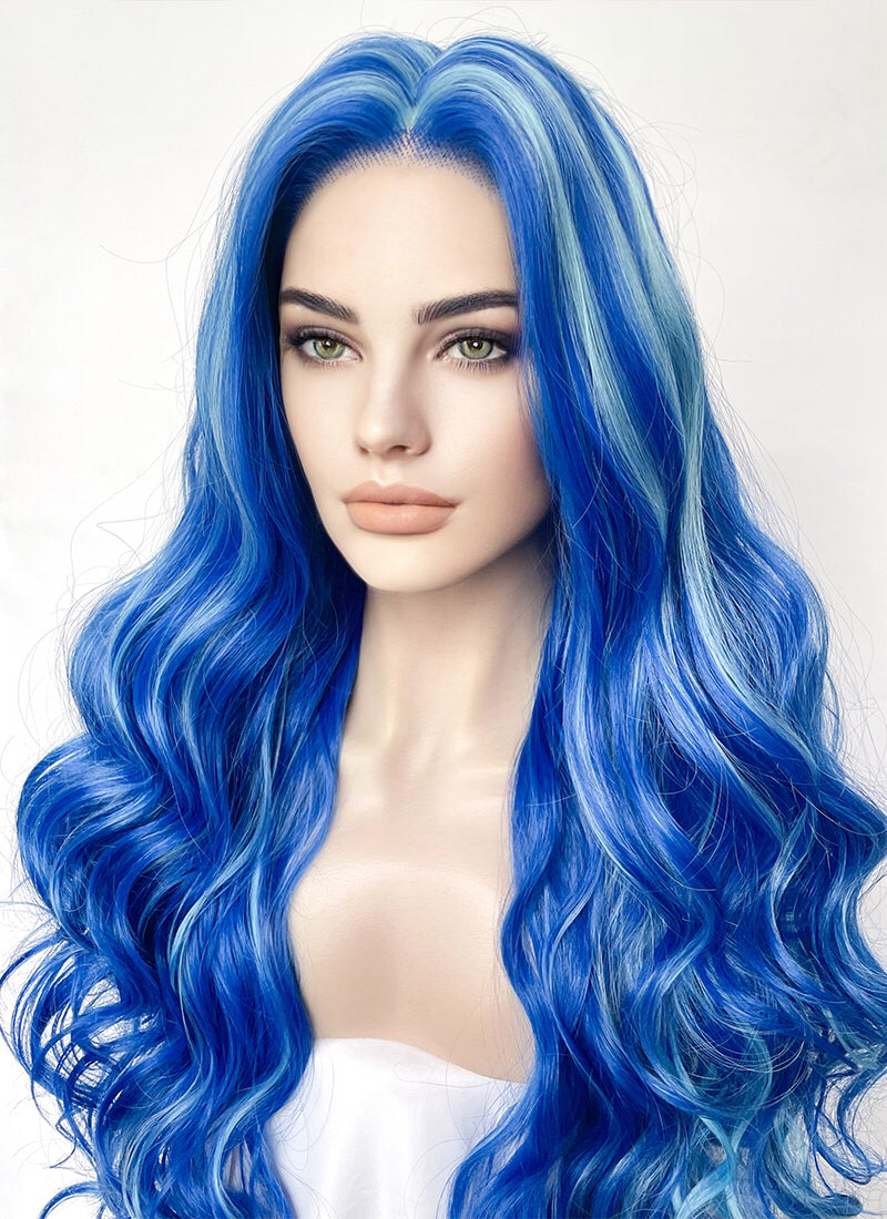 Blue With Green Highlights Wavy Lace Front Synthetic Hair Wig