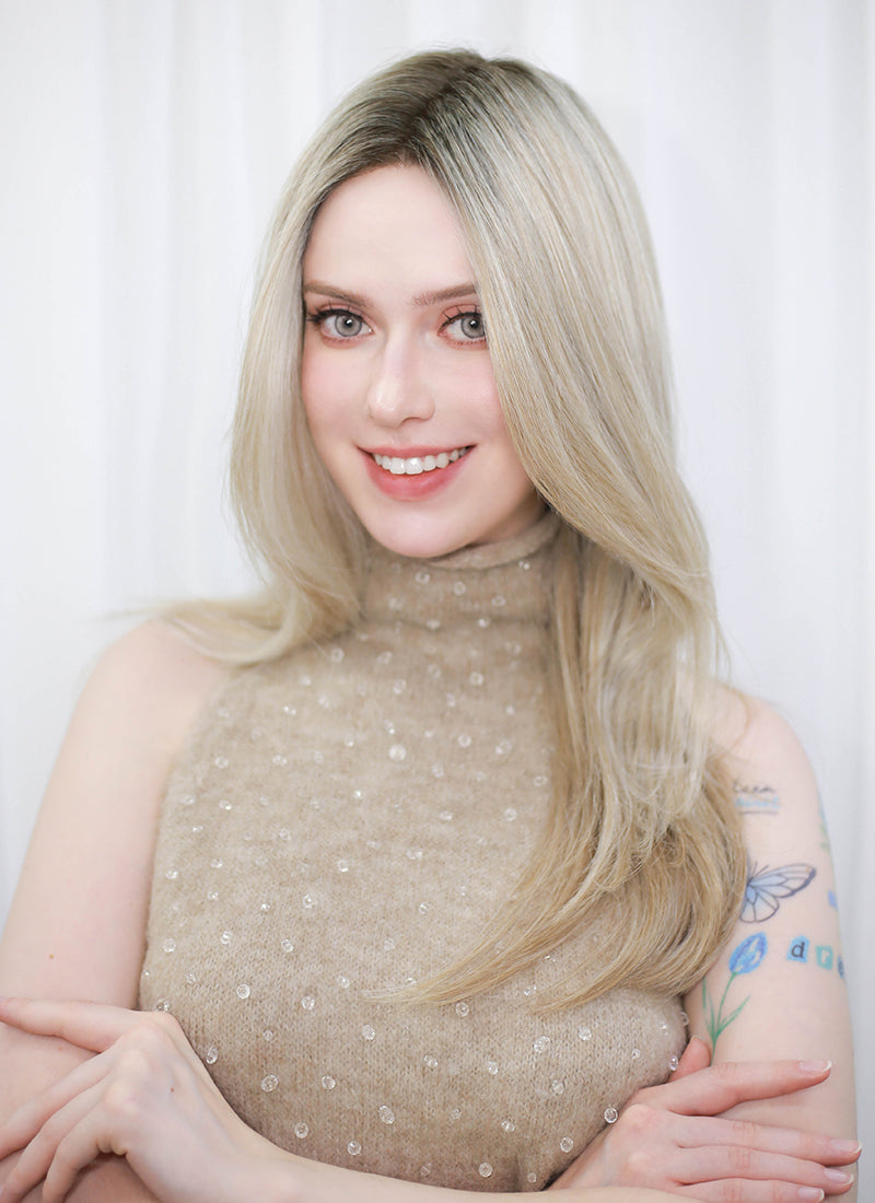 Blonde With Dark Roots Straight Mono Top Lace Wig MN001