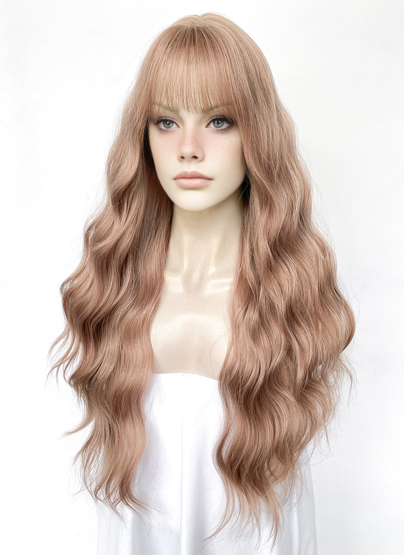 Pastel Peach Pink Wavy Synthetic Hair Wig NS567