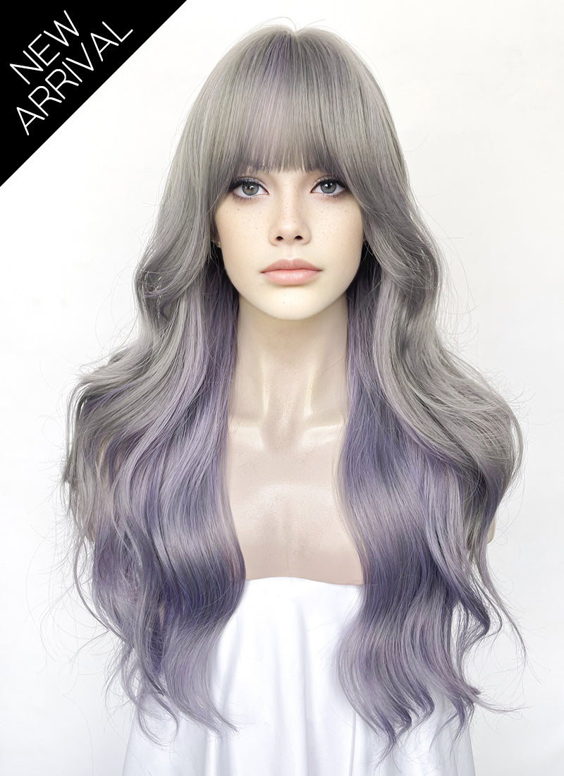 Pastel Grey Mixed Purple Wavy Synthetic Hair Wig NS571