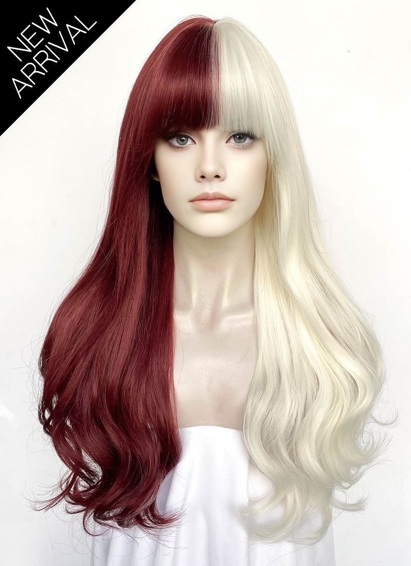 Red Blonde Split Color Wavy Synthetic Hair Wig NS594