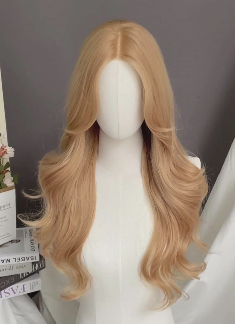 Golden Blonde Curtain Bangs Wavy Lace Front Synthetic Hair Wig LF3341