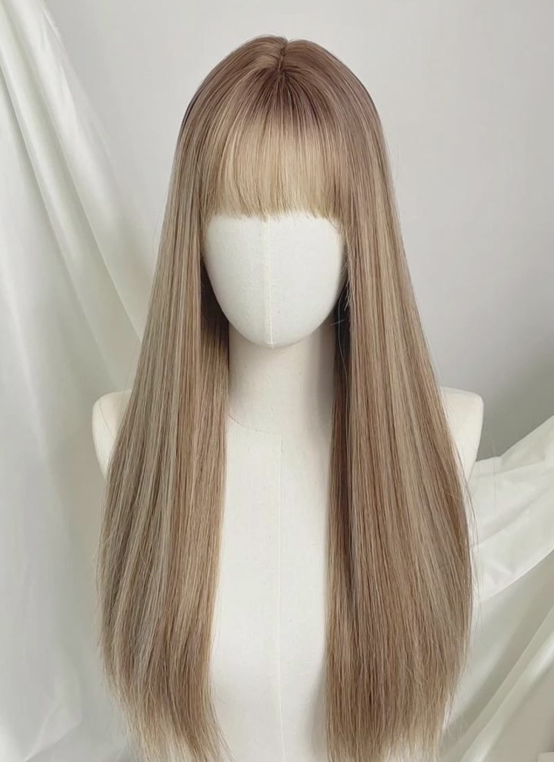 Brown With Blonde Highlights Straight Synthetic Hair Wig NS525