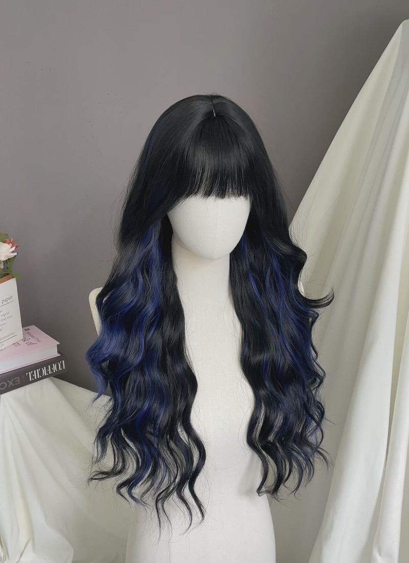 Blue Mixed Black Wavy Synthetic Hair Wig NS570