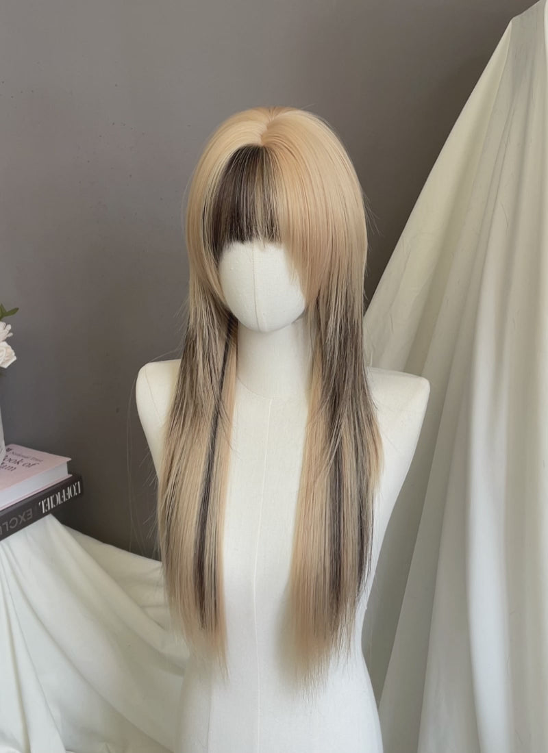 Medium Blonde Mixed Black Straight Synthetic Hair Wig NS588