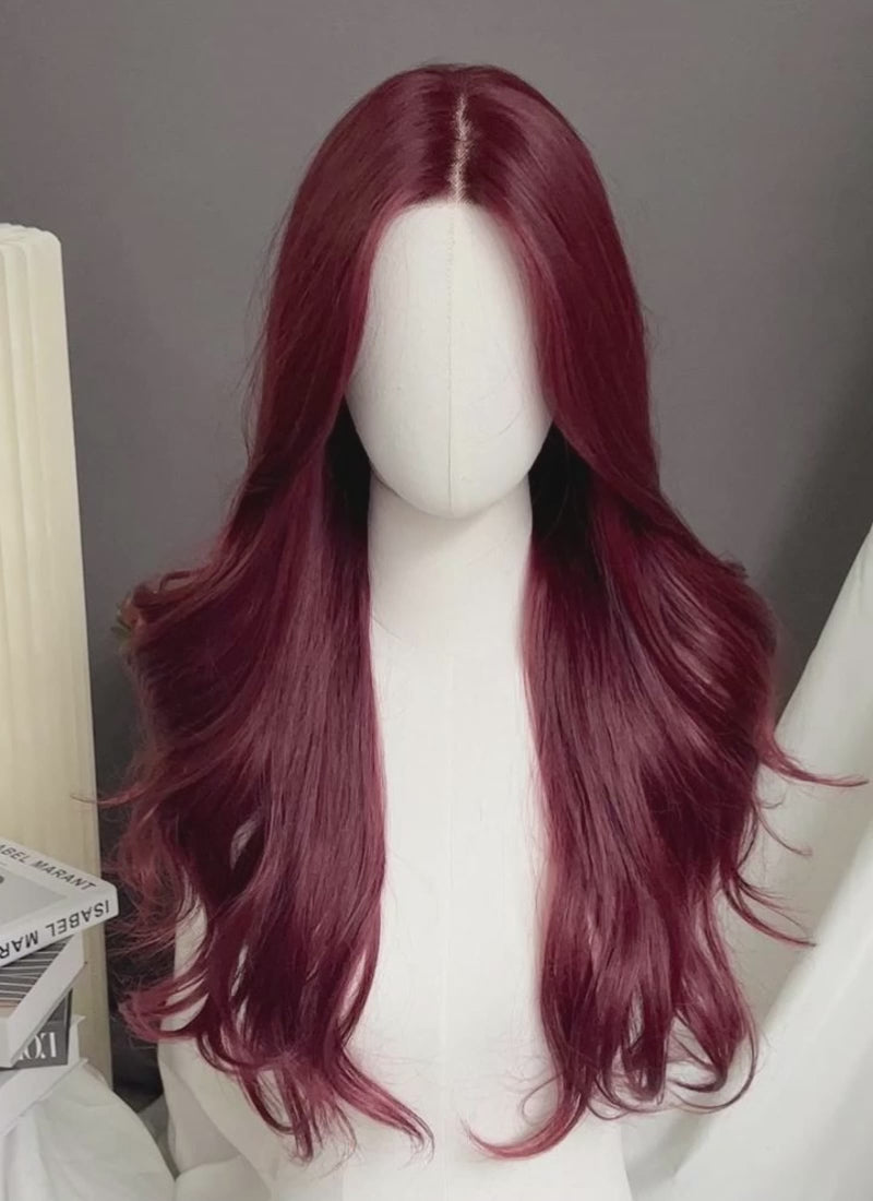 Burgundy Red Curtain Bangs Wavy Lace Front Synthetic Hair Wig LF3340