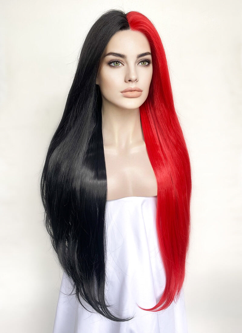 Black Red Split Color Straight Lace Front Synthetic Wig