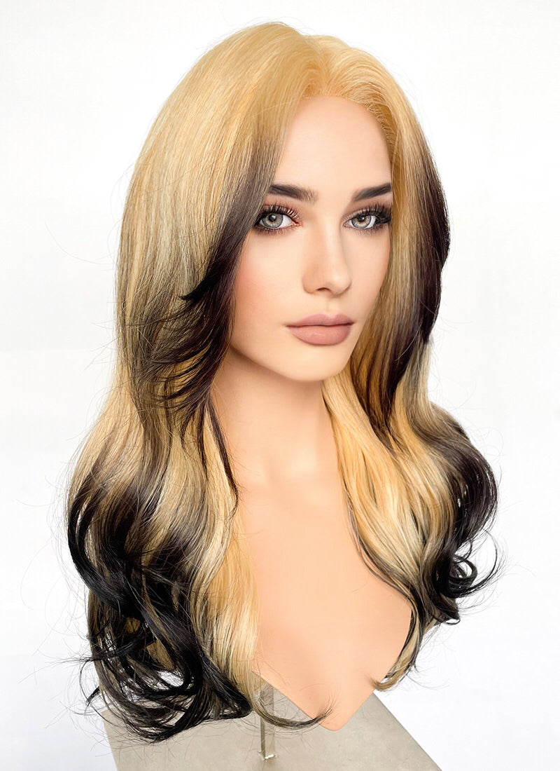 Blonde Black Ombre Curtain Bangs Wavy Lace Front Synthetic Wig