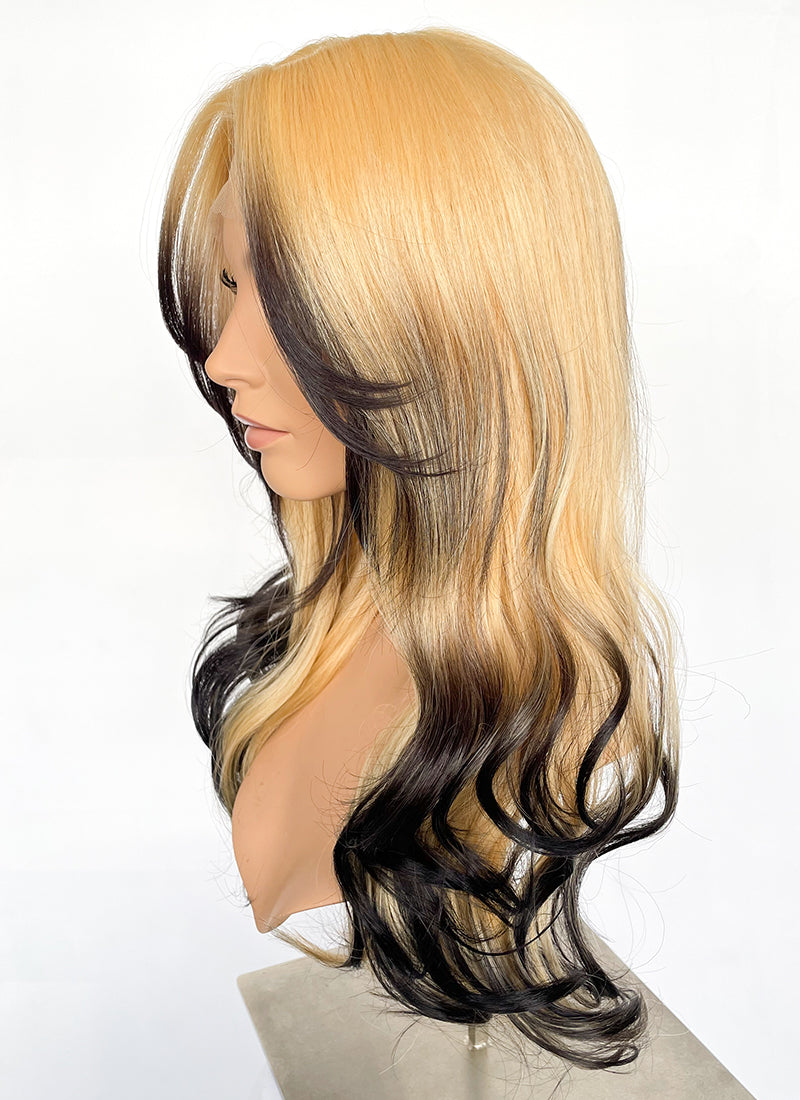 Blonde Black Ombre Curtain Bangs Wavy Lace Front Synthetic Wig