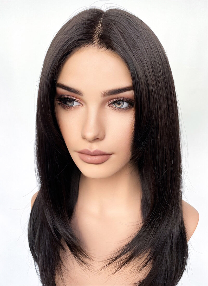 Dark Brown Curtain Bangs Straight Layered Hush Cut Lace Front Synthetic Wig WigIsFashion Wig Is Fashion