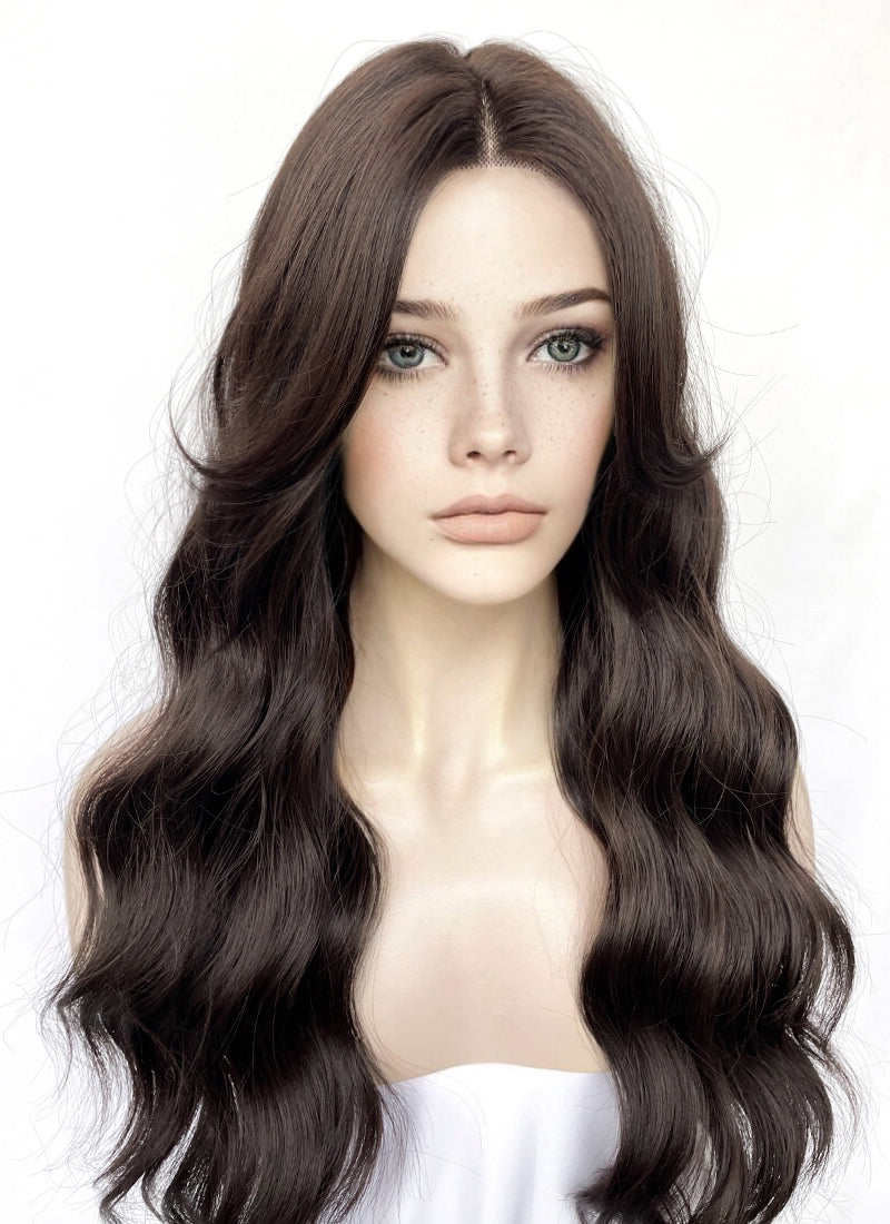 Brunette Curtain Bangs Wavy Lace Front Synthetic Wig