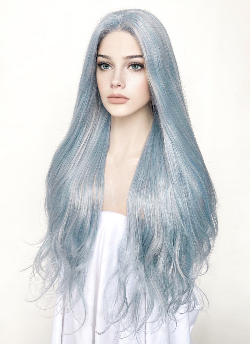 Ash Blue Straight Lace Front Synthetic Wig LF5006