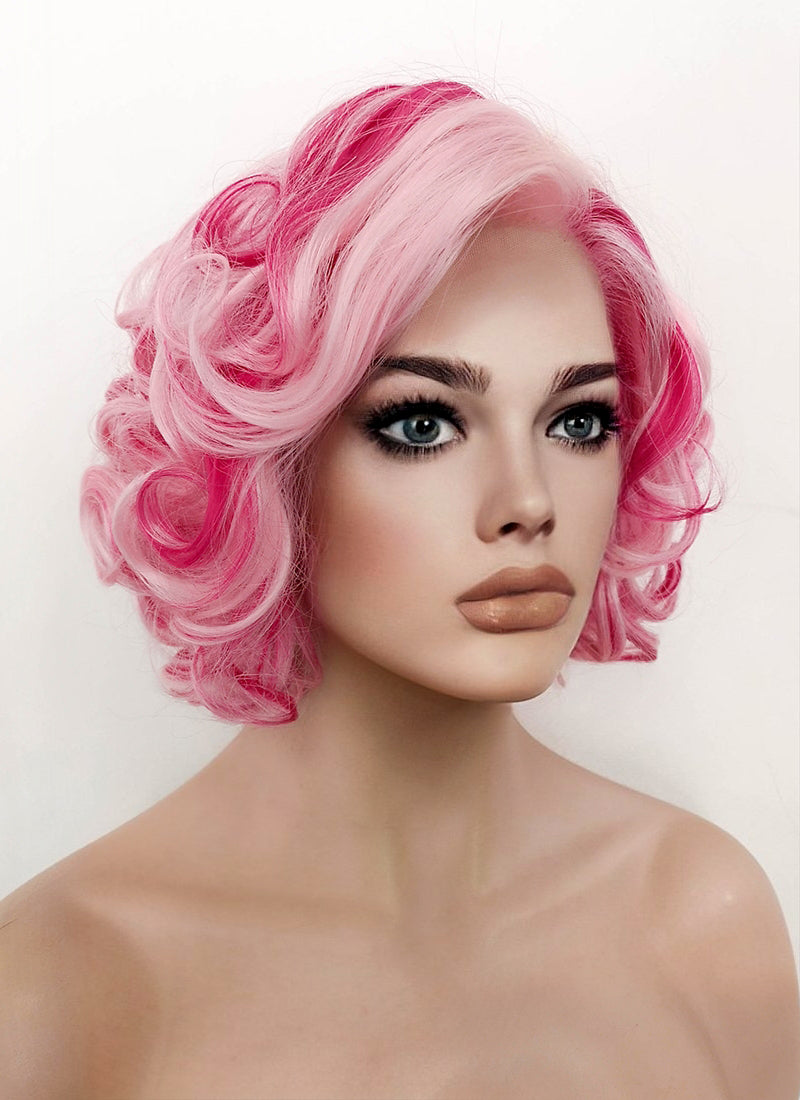 Pink Mixed Red Curly Lace Front Synthetic Wig LF5131