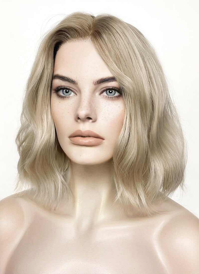 Celebrity Ash blonde grey brown offers root asymmetric cut wavy bob h.d lace wig