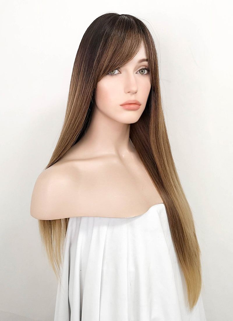 Mixed Brown With Dark Roots Straight Synthetic Wig NS082