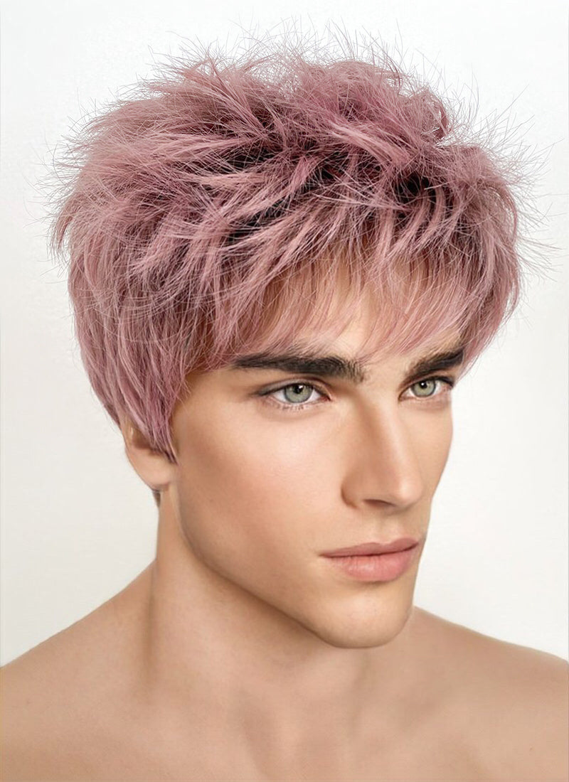 Ash Pink With Dark Roots Straight Pixie Synthetic Men s Hair Wig NS427