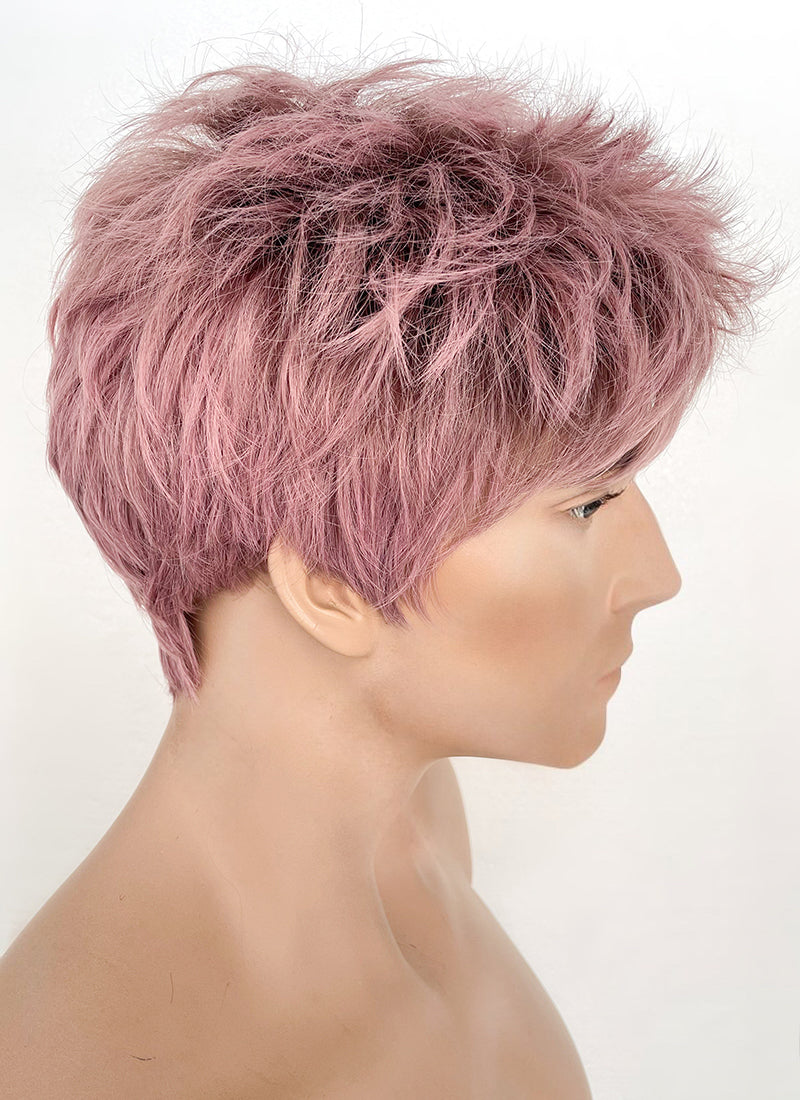 Ash Pink With Dark Roots Straight Pixie Synthetic Men s Hair Wig NS427