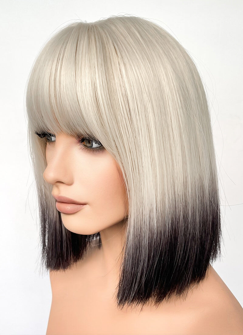 Light Ash Blonde Black Ombre Straight Bob Synthetic Hair Wig